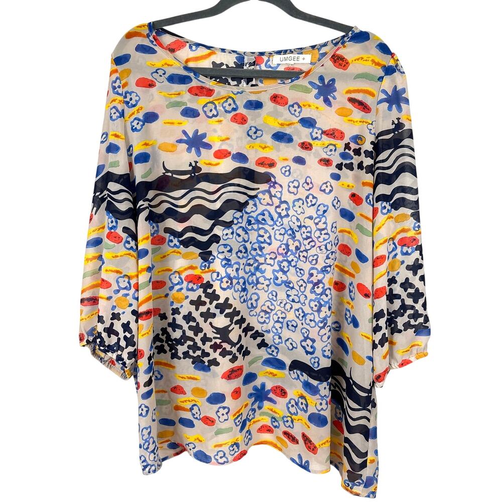 Umgee Womens 2XL Plus Sheer Abstract Artwear Boho Blouse Multi Color Vibrant